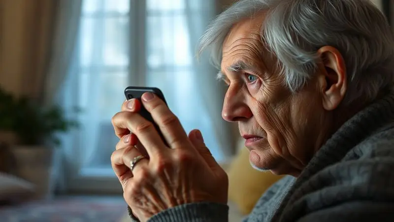 An elderly person looking concerned while reviewing a suspicious phone message at home