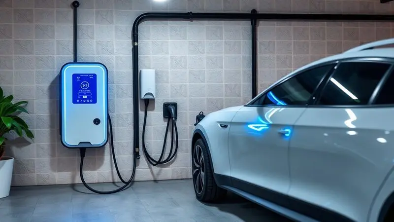 Electric vehicle connected to a home wallbox charger in a European garage setting