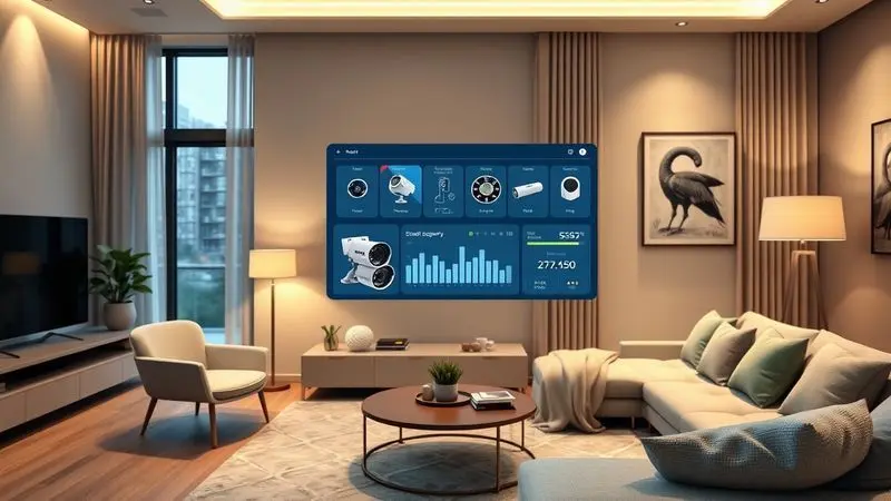 Modern smart home security control panel showing camera feeds and sensor status in a contemporary European living room