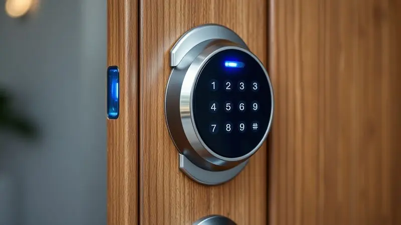 Close-up of a modern smart lock with fingerprint scanner and keypad installed on a European wooden front door